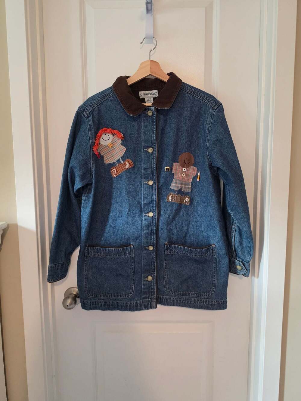 Cabin Creek Denim Jacket Medium Teacher School Applique Scarecrow Fall Patchwork - Picture 2 of 10